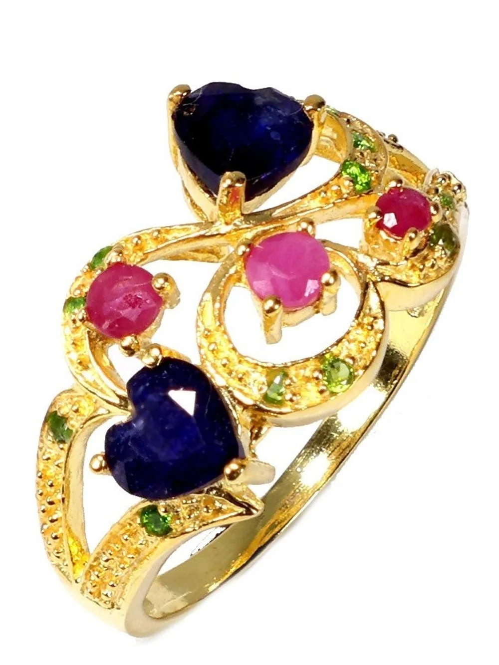 14k Gold Plated Silver Ring Blue Sapphire Hearts, Ruby, & Chrome Diopside Size 7